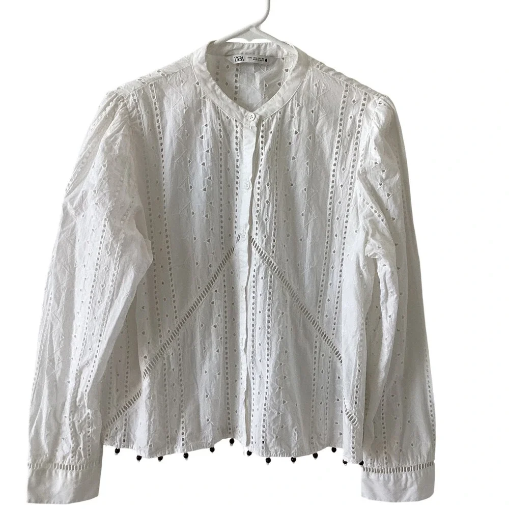 ZARA White Eyelet Embroidered Button Up Long Sleeve Blouse with Pom Poms Size Lg